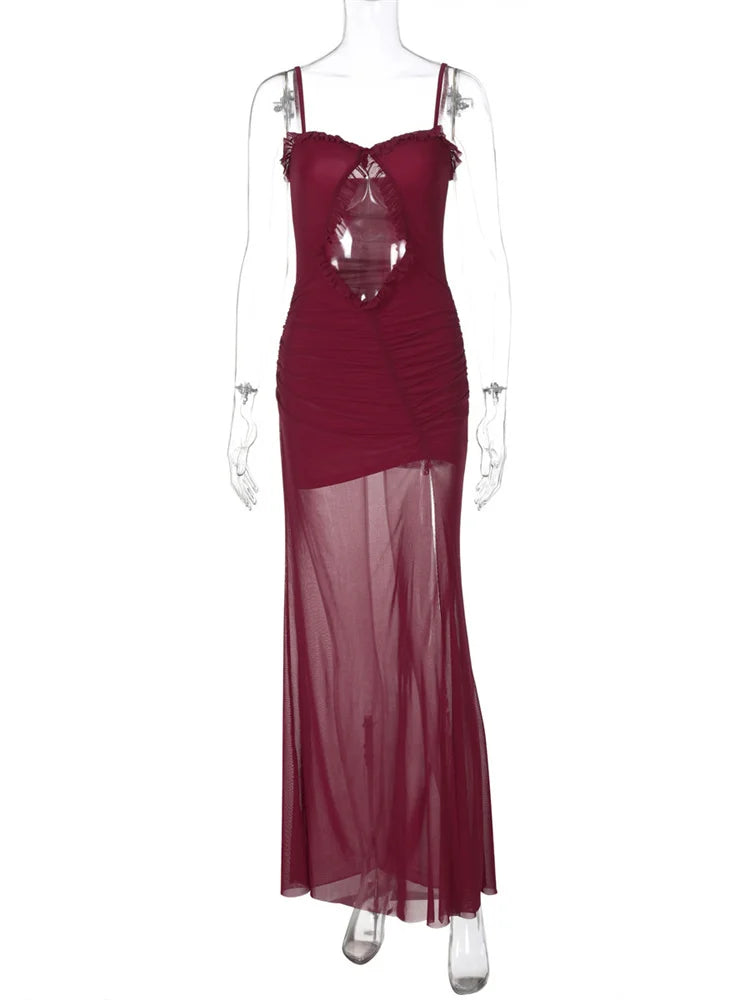 Aiertu  -  Mesh Patchwork Hollow Out Maxi Dress Female Spaghetti Backless See-Through Sexy Bodycon Dress Ladies Ruffled Long Dress Aiertu