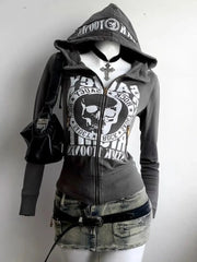 Aiertu  -  Streetwear Hoodie Harajuku Retro Letter Print Pattern Zipper Skinny Hoodie Women Casual Sweatshirt Punk Goth New Sports Hoodie Aiertu