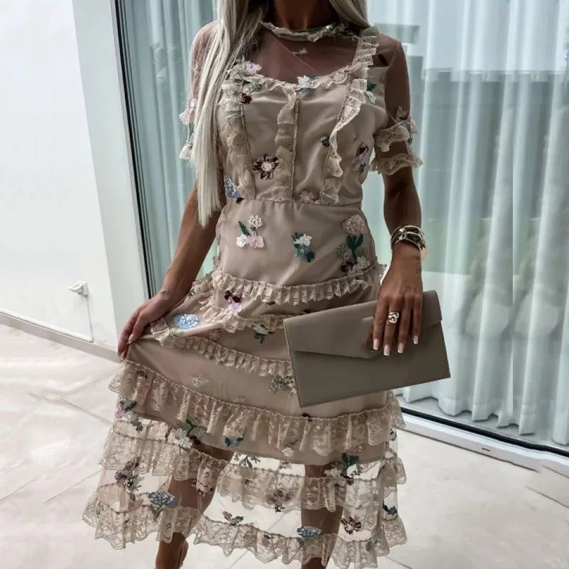 Aiertu  -  Summer Sexy Mesh Lace Patchwork Party Dress 2026 Women Elegant Flower Embroidery Evening Dress Fashion Half High Neck Long Dress Aiertu
