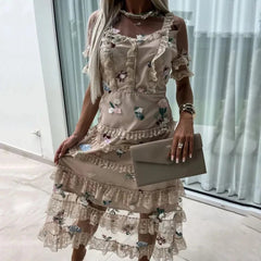 Aiertu  -  Summer Sexy Mesh Lace Patchwork Party Dress 2026 Women Elegant Flower Embroidery Evening Dress Fashion Half High Neck Long Dress Aiertu