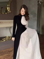 Aiertu  -  Fashion Patchwork Pleated Long Sleeve Dress Women Fashion Half High Collar Evening Dresses 2026 Autumn New Lady Party Long Robes Aiertu