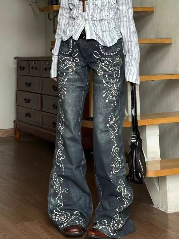 Aiertu  -  Streetwear New Retro Washed Gem Print Jeans Women's American Harajuku Hip Hop Baggy Straight Pants Casual Y2K Wide Leg Pants Aiertu