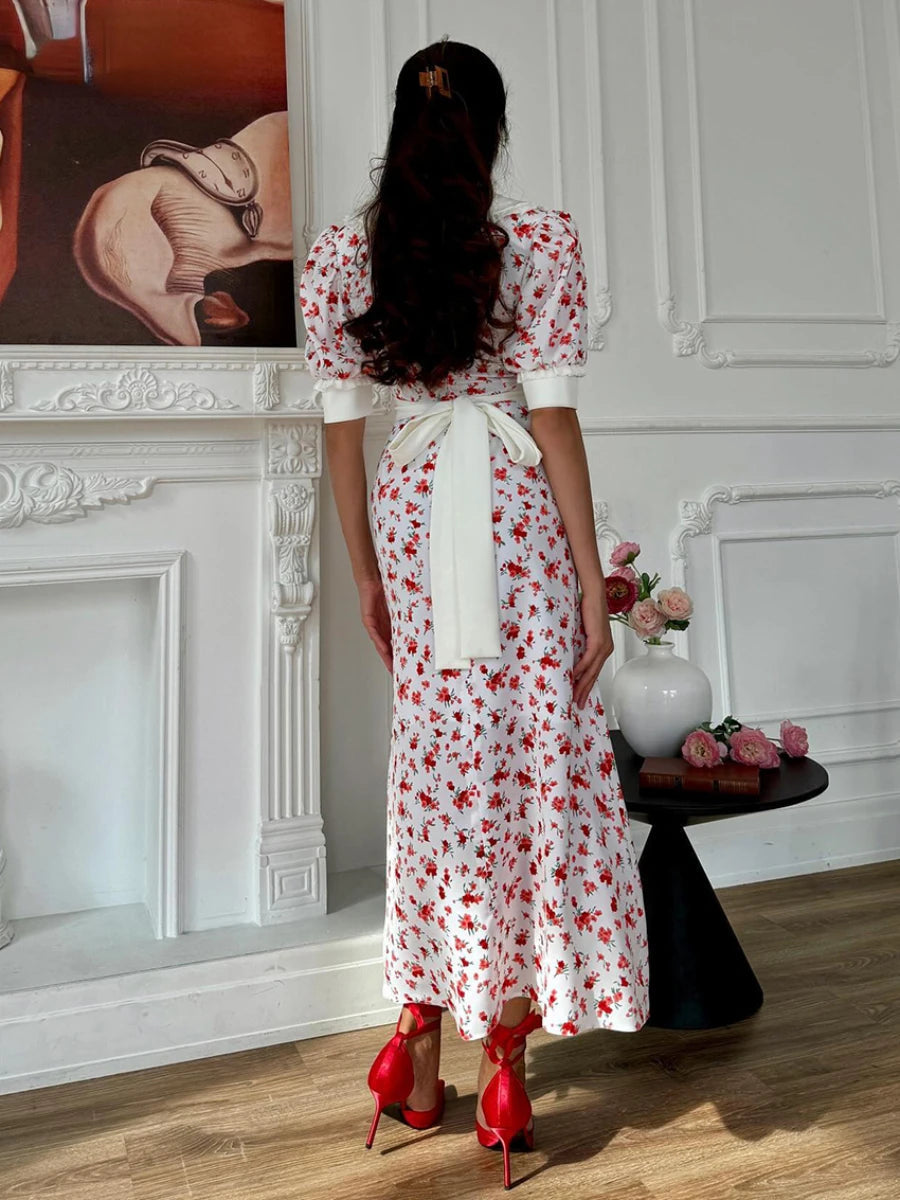 Aiertu  -  Fashion Slim Print Women's Dress Summer Lapel Short Sleeve Ankle Length Dresses Elegant High Waist Slit Female Dress Aiertu