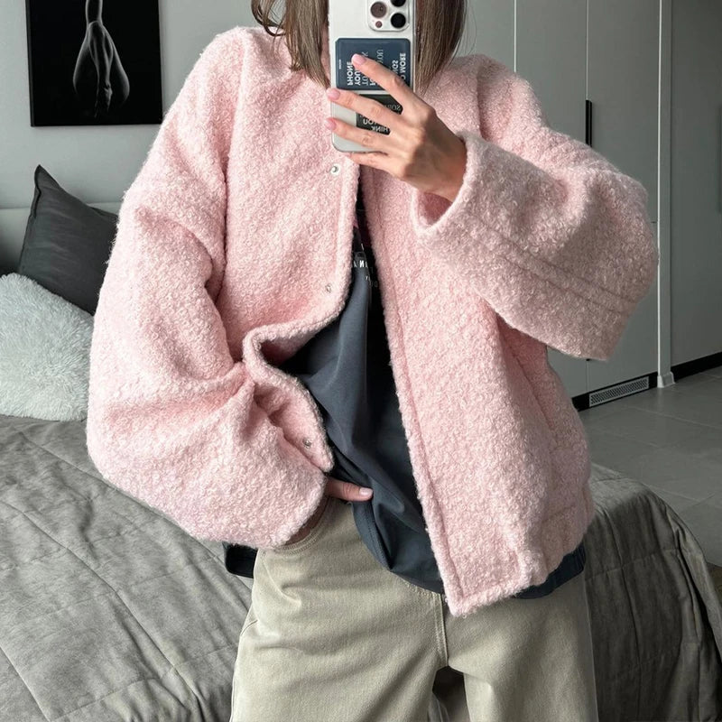 Aiertu  -  Casual Fashion Style Women's Pink Fleece Thick Warm Jackets Simple Elegant Stand Collar Long Sleeve Pockets Loose Fit Coats Aiertu