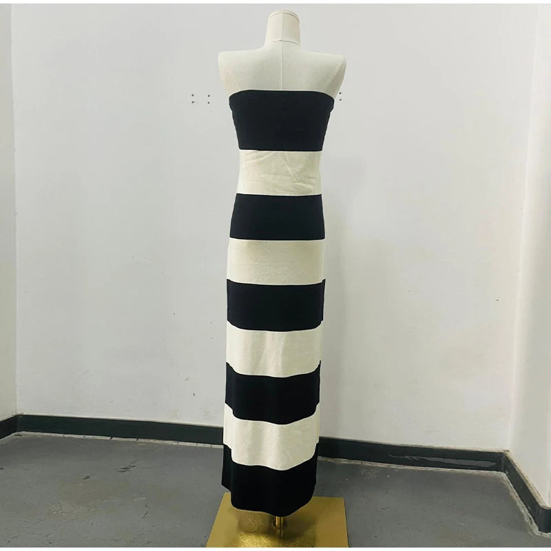 Aiertu  -  Knitted Striped Tube Tops Long Dress Long Jacket Women Set Backless Robe Long Sleeved Single Breasted Jacket Spring Summer Suit Aiertu