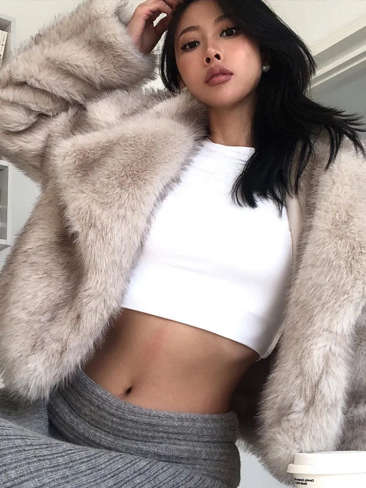 PICSGIRL  -  Elegant Solid Faux Fur Women Coat Full Sleeve Loose Lapel Lady Jacket Fashion Autumn Winter Warm Thicken Female Outwear Aiertu