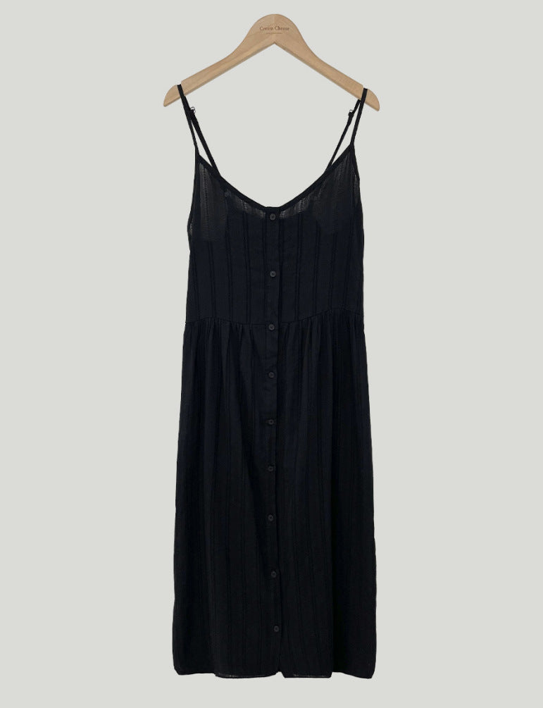 Aiertu - V-neck Single breasted Hollow Lace Midi Sling Dress Aiertu