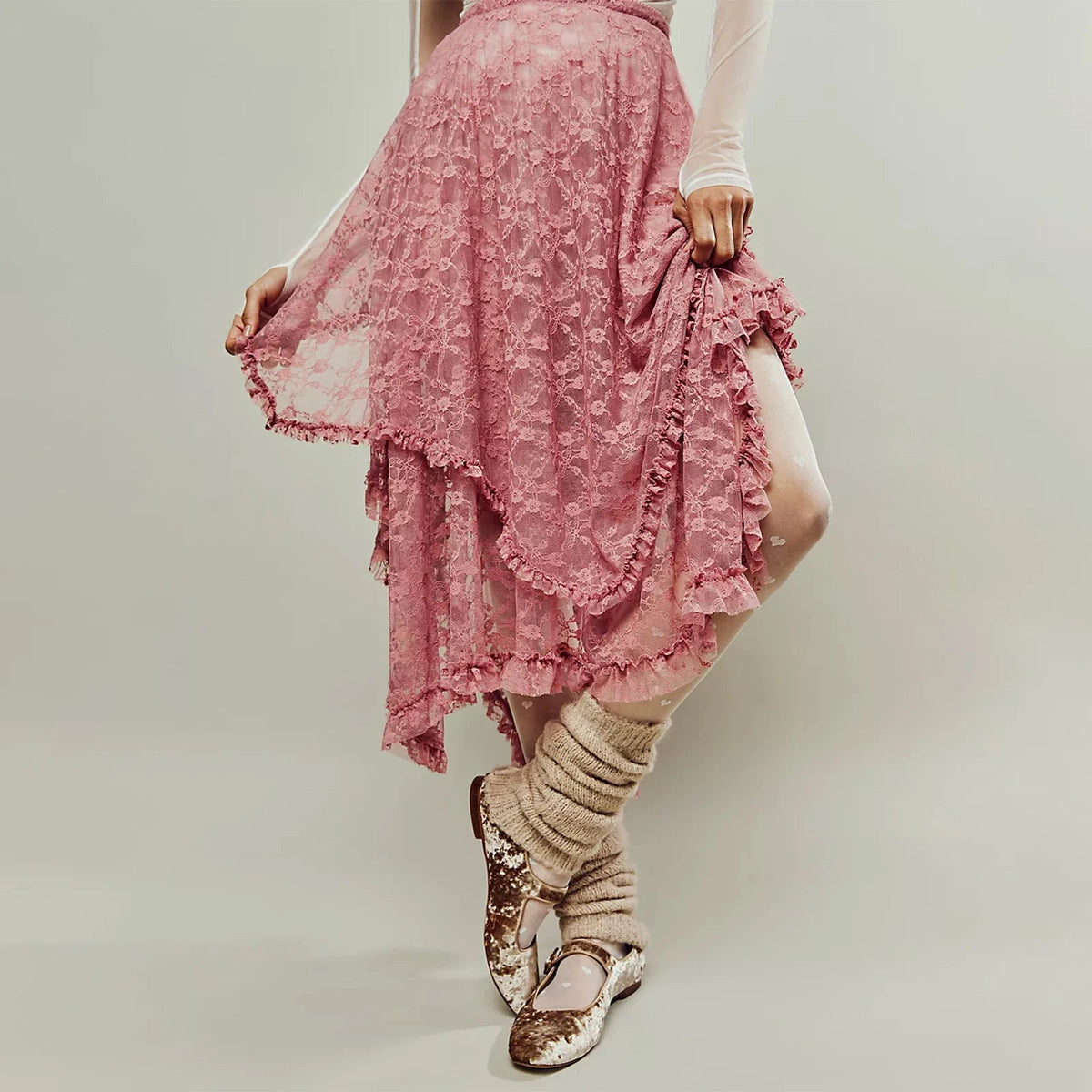 Aiertu  -  Floral Lace Long Skirt for Women Y2K Elastic Waist Asymmetrical Layered Maxi Skirt Sexy See Through Flowy Beach Skirt Aiertu