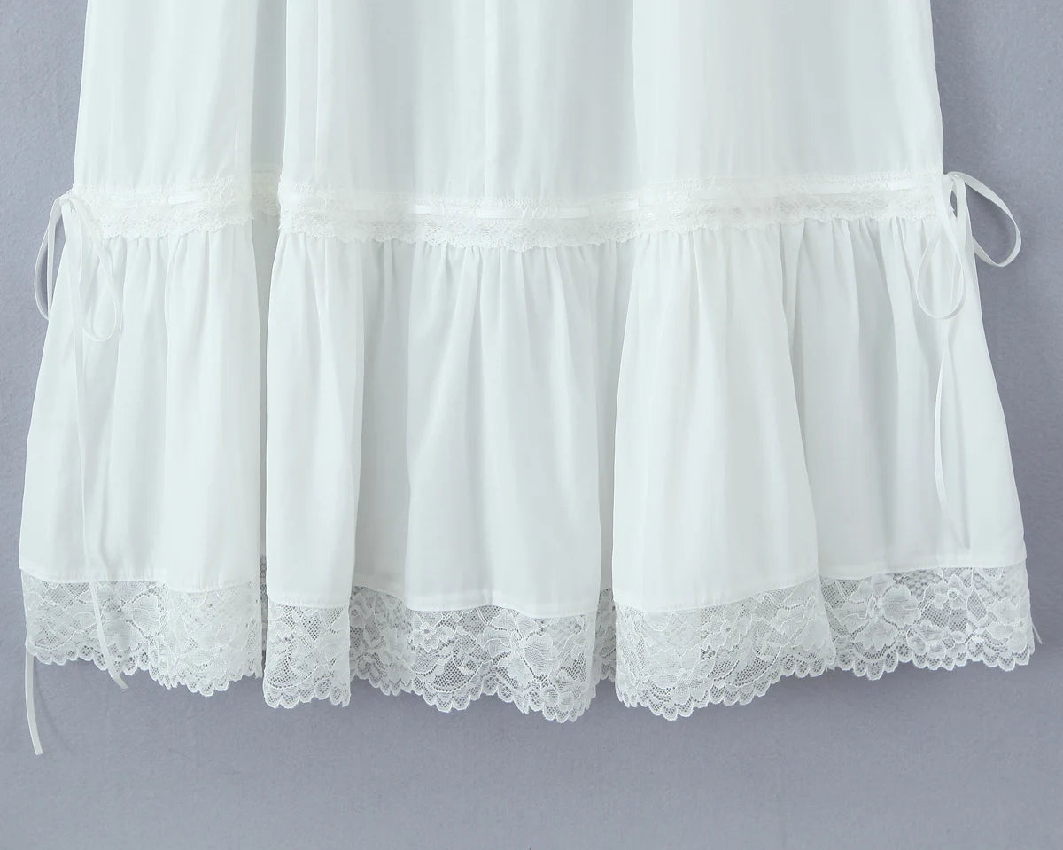 Aiertu  -  White Spliced Lace Slash Collar Corset Style Ruched Low Waist Midi Long Sling Dress Women Ribbon Swing Dresses Summer Robe Aiertu