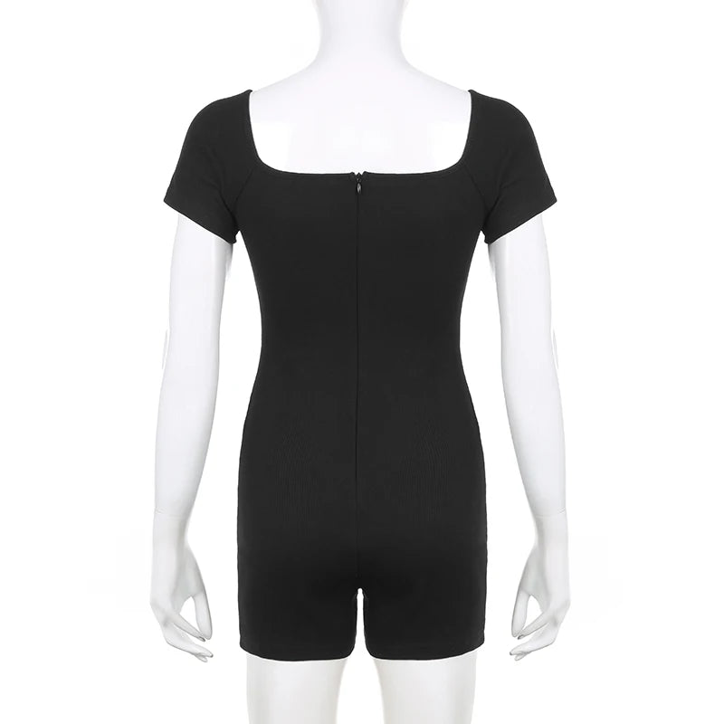 Aiertu  Sporty Activewear Basic Solid Playsuits Sexy Slim Square Collar Short Sleeve Rompers Women Summer Fashion Streetwear Aiertu