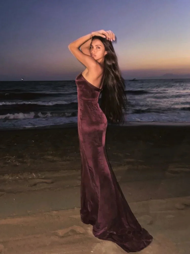 Aiertu  -  Luxurious Velvet Slim Strapless Fishtail Dress Women Elegant Backless Sleeveless Maxi Dresses 2026 New Lady Party Evening Gowns Aiertu