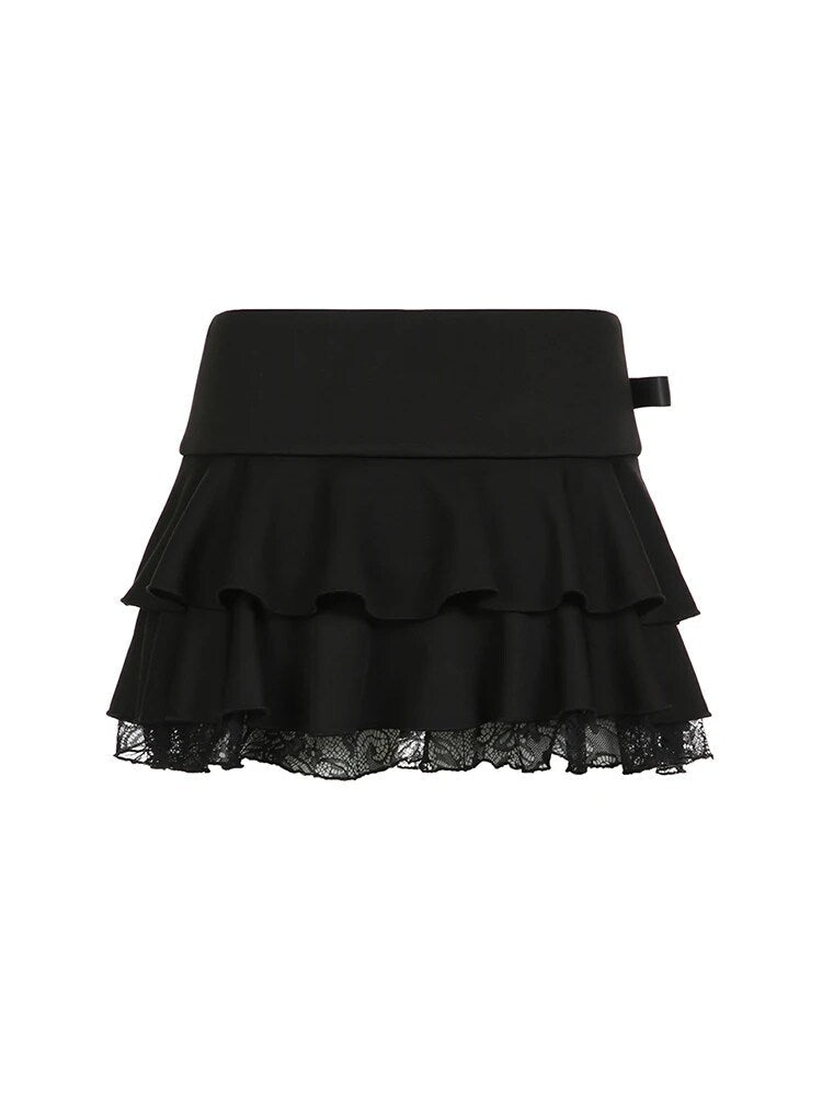 Aiertu - summer inspo Goth Y2K Black Lace Trim Bow A Line Mini Skirt Women Korean Streetwear Aiertu