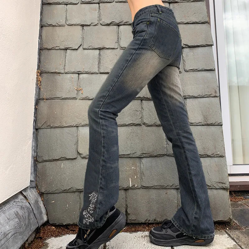Aiertu  -  Y2K Low Waist Jeans For Women Vintage Embroidery Stretch Denim Pants Aesthetic Gothic Gray Package Hip Flare Trousers Aiertu