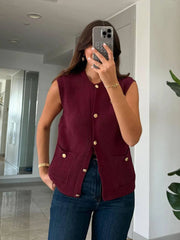 Aiertu  -  Pocket Solid Cardigan Vest Women O Neck Single Breasted Sleeveless Knit Waistcoat 2025 New Simple Casual Fashion Sweater Jacket Aiertu