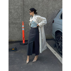 Aiertu  -  Elegant Striped Midi Skirt Women Fashion Sexy Slit Suit Wrap Skirts Summer Office Ladies Korean Split Slim Pencil Skirt Aiertu