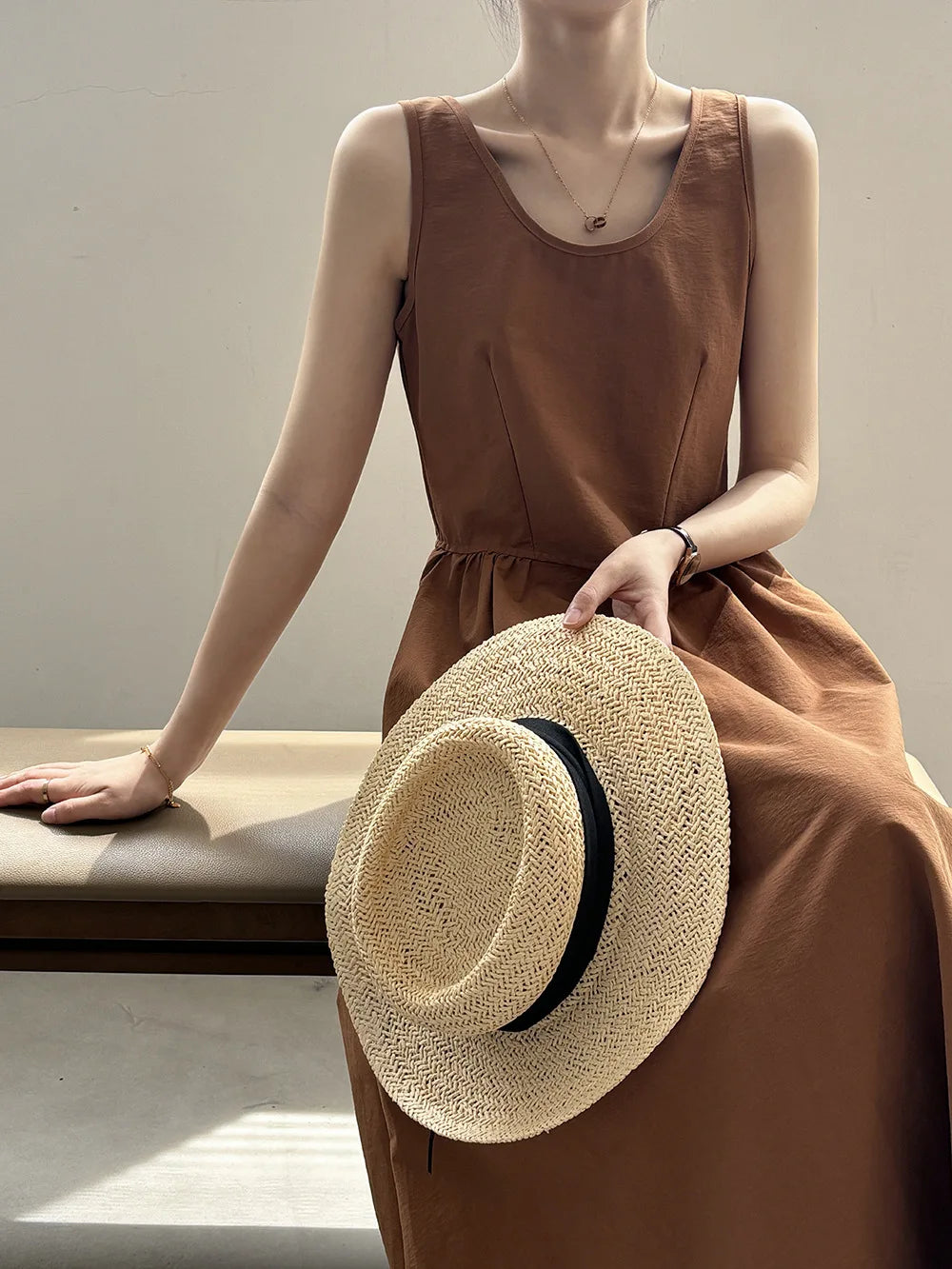 Aiertu  -  Fashion Sleeveless Long Dress Cotton Blend Solid Color Casual Summer New Dress A-line Backless Vacation Beach Dresses For Women Aiertu