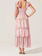 Aiertu  -  Elegant Off-Shoulder Maxi Dress with Delicate Floral Print and Flowy Ruffled Layers Perfect for Spring and Summer Events Aiertu