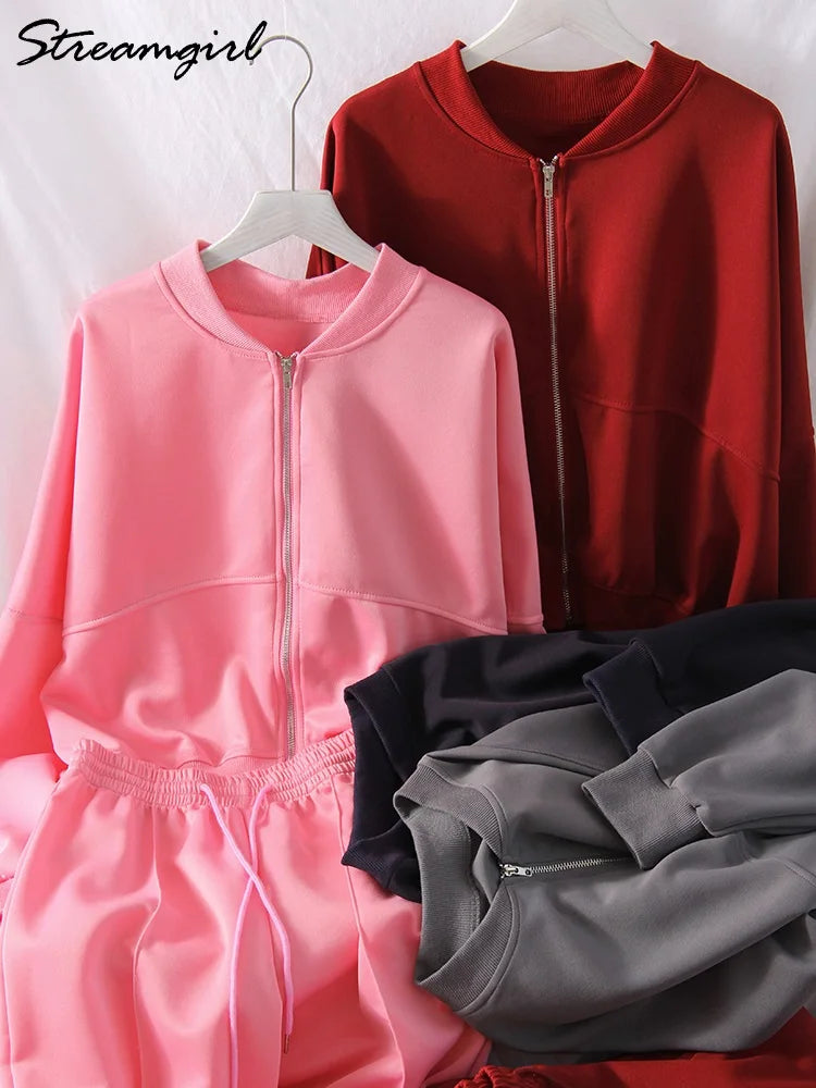 Aiertu  -  Sweatsuits Pant Sets For Women 2 Pieces Outfit Oversize Zipper Sweatshirts Set Women Jogger Straight Sweatpants Red Tracksuit Aiertu