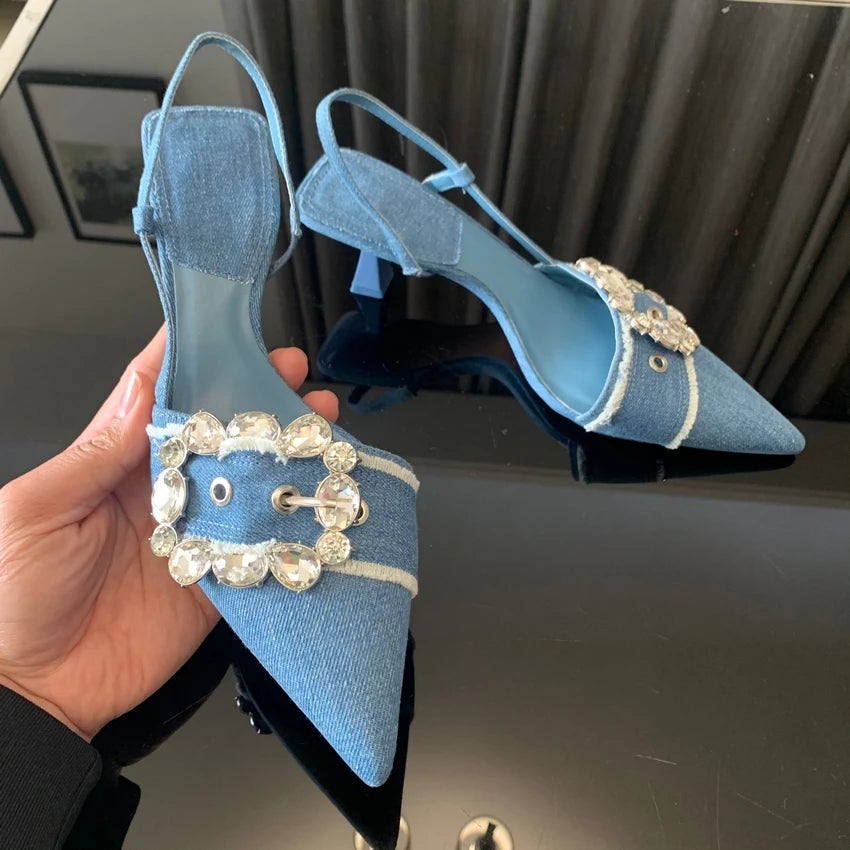 Aiertu  -  Fashion Denim Blue Rhinestone Women Pumps Wedding Bride Shoes Elegant High Heels Slingback Pointed Toe Sandals Ladies Shoes Aiertu