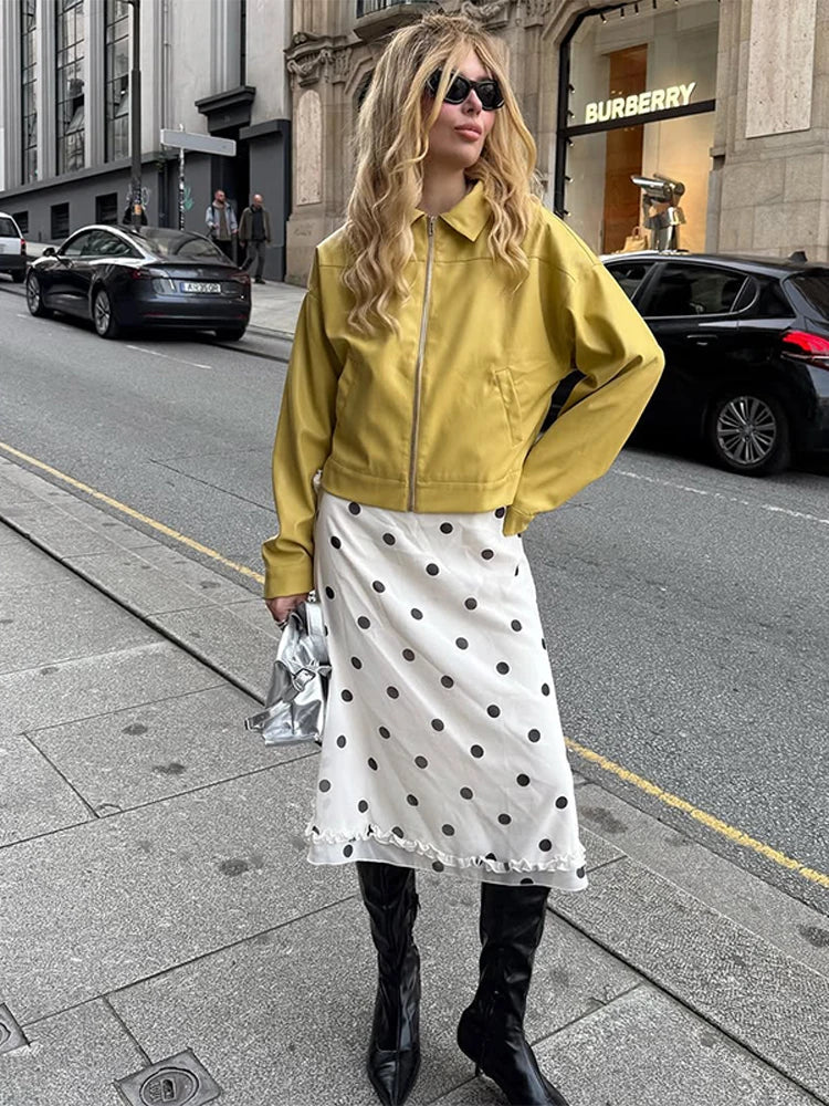 Aiertu  -  Zipper Lapel PU Leather Jacket Coat Vintage Pocket Cargo Jackets Baggy Women Short Outwear Top Lemon Yellow Overcoat Streetwear Aiertu