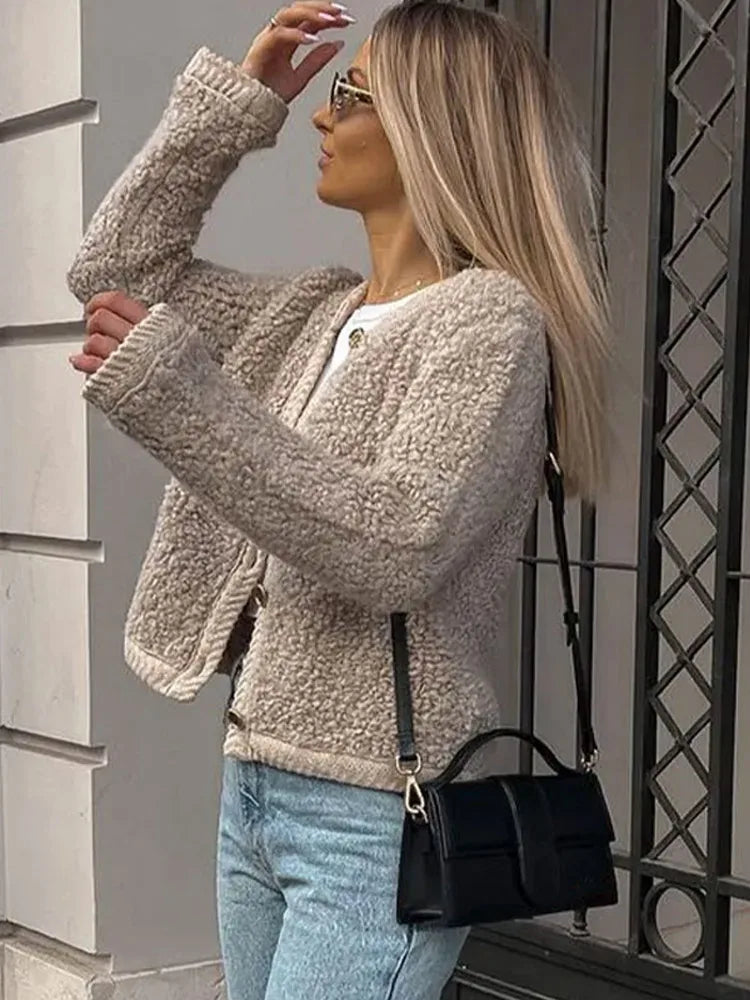 Aiertu  -  Elegant Lamb Wool Spliced Coats Women Casual O-neck Button Long Sleeve Female Jacket 2023 Autumn Winter Office Lady Commute Coat Aiertu
