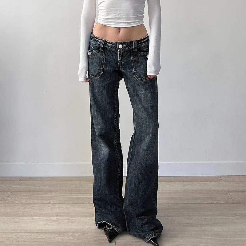 Aiertu  -  Grunge Aesthetic Flare Jeans Women Retro Stylish Y2K Dark Blue Denim Pants Spring Outfits Casual Slim Trousers Ladies Aiertu