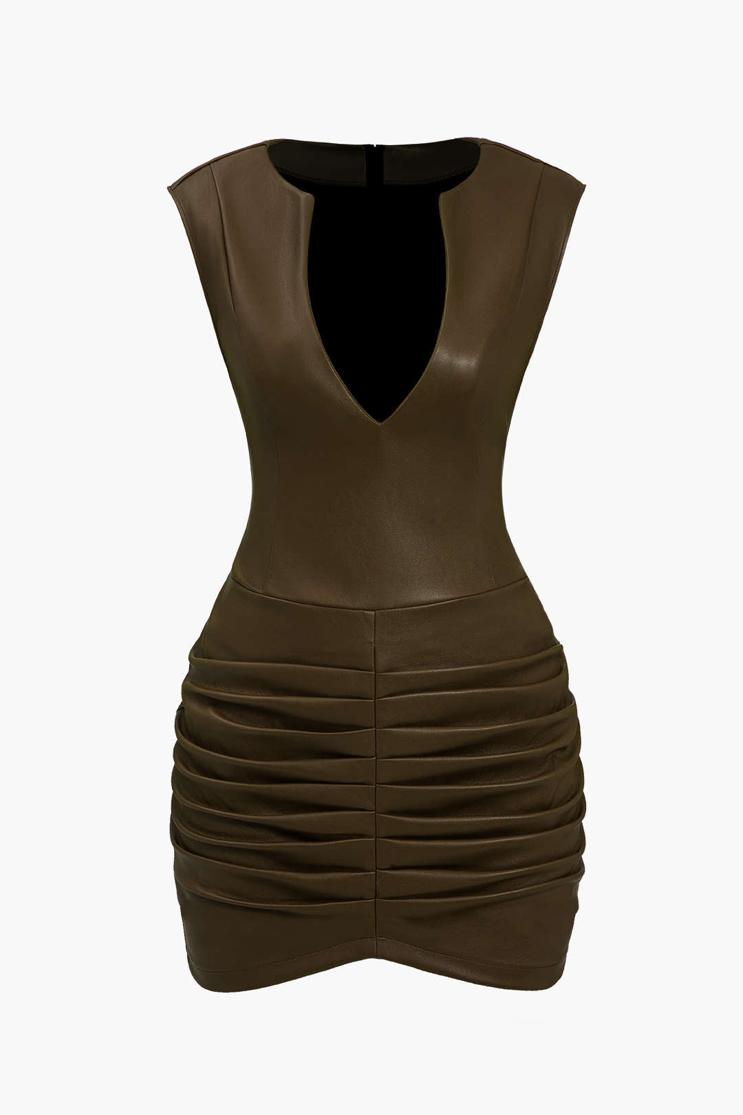 Aiertu  Ruched Faux Leather V-Neck Bodycon Mini Dress Aiertu
