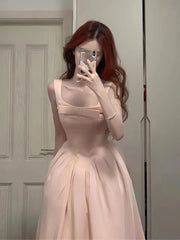 Aiertu  -  French Style Hot Girl Pink Dress Women's Spring Slim Fit Square Collar Strap A-line Dress Fashion Female Clothes Aiertu