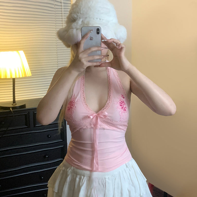 Aiertu  -Dilynn Lace Detail Halter Top aiertu