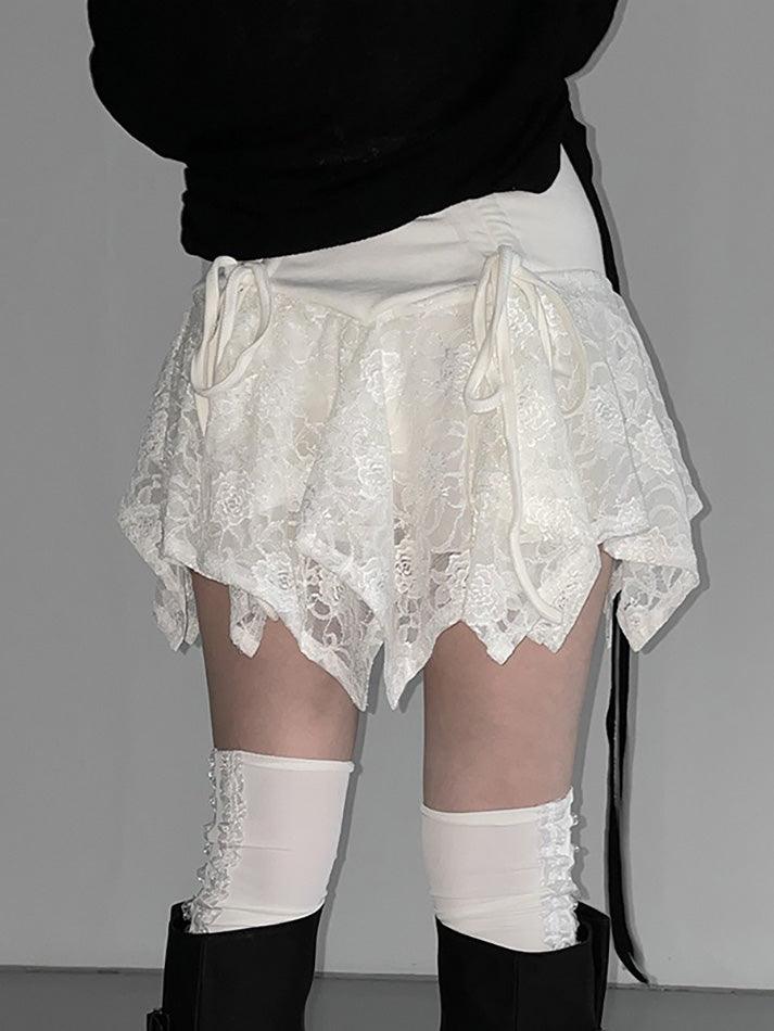 Aiertu  -Lace Ruched Asymmetrical Bow Mini Skirt aiertu