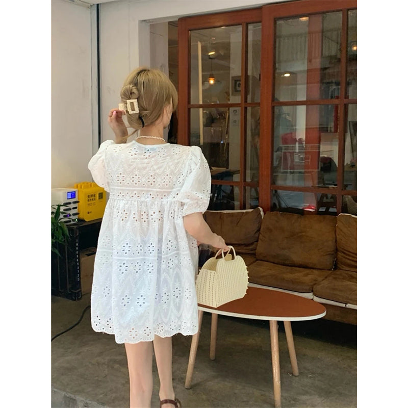 Aiertu Sweet White Blouses Women Elegant Hollow Out Lace Up Shirts Summer Streetwear Korean Puff Sleeve Baggy Casual Chic Tops Aiertu