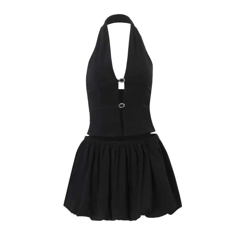 Aiertu  -  Street Spice Style Sexy Suit Women's Summer Hollow Halter Neck Vest High Waist A-line Skirt Two-piece Set Fashion Female Clothes Aiertu