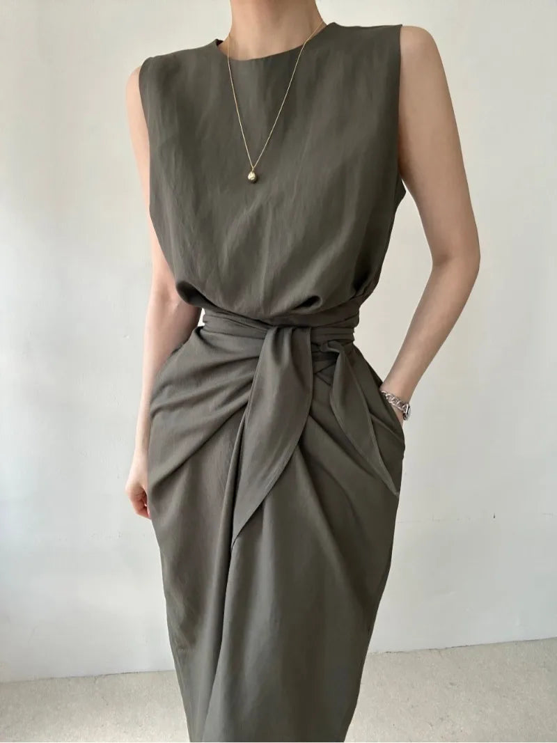 Aiertu  -  Sweet Hot Girl Pure Sexy Twist Lace-up Dress Women's Autumn Slim Sleeveless Long Dress Fashion Female Clothes Aiertu