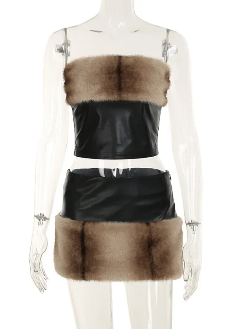 Aiertu  -  Women's Clothing PU Leather Dress 2 Piece Matching Sets Faux Fur Patchwork Corset Tops+Mini Skirts Black Party Outfit Clubwear Aiertu
