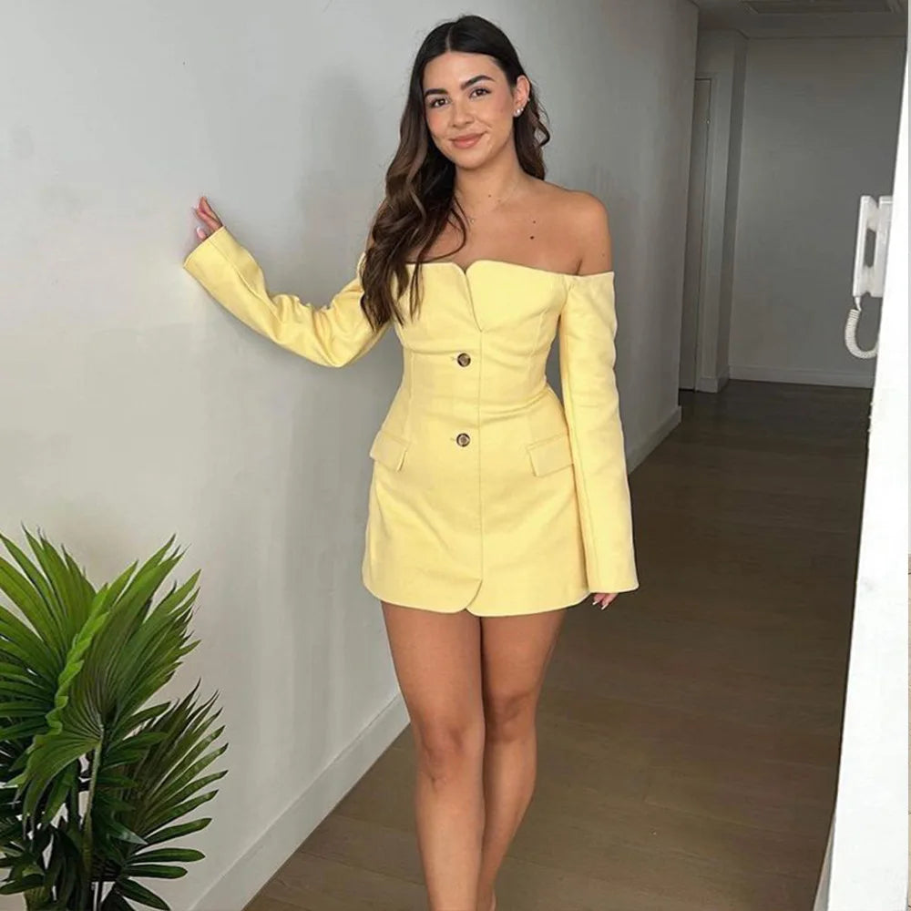 Aiertu  -  2026 Fashion Slash Neck Long Sleeve Mini Party Dress Women's Elegant Chic Single Breasted Slim Short Blazer Dresses High Street Aiertu