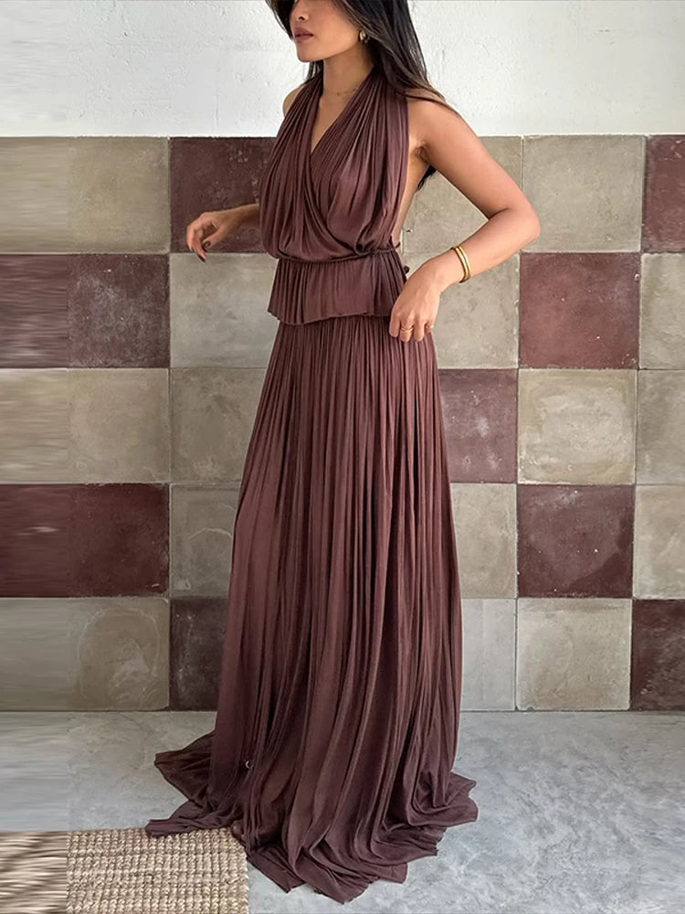 Aiertu  -  Fashion Pleated Long Skirts Set Women Sexy Sleeveless Backless Halter Tops High Waist Mermaid Skirt Vacation Beach 2 Pieces Sets Aiertu
