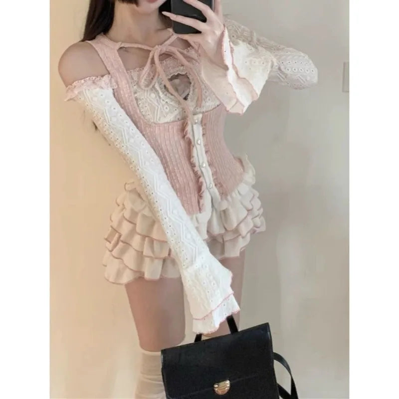 Aiertu  -  Sweet Japanese High Street Three Piece Sets Sexy Slim Hollow Out Lace Up Vest Slash Neck Patchwork Lace Top Y2k Tiered Skirts Aiertu