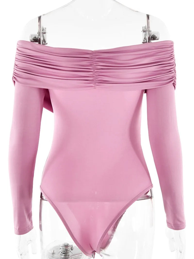 Aiertu  -  2026 Sexy V-neck Long Sleeve Bodysuits Fashion Autumn Off Shoulder One Piece T-shirts Streetwear Female Folds Pink Tops Jumpsuit Aiertu