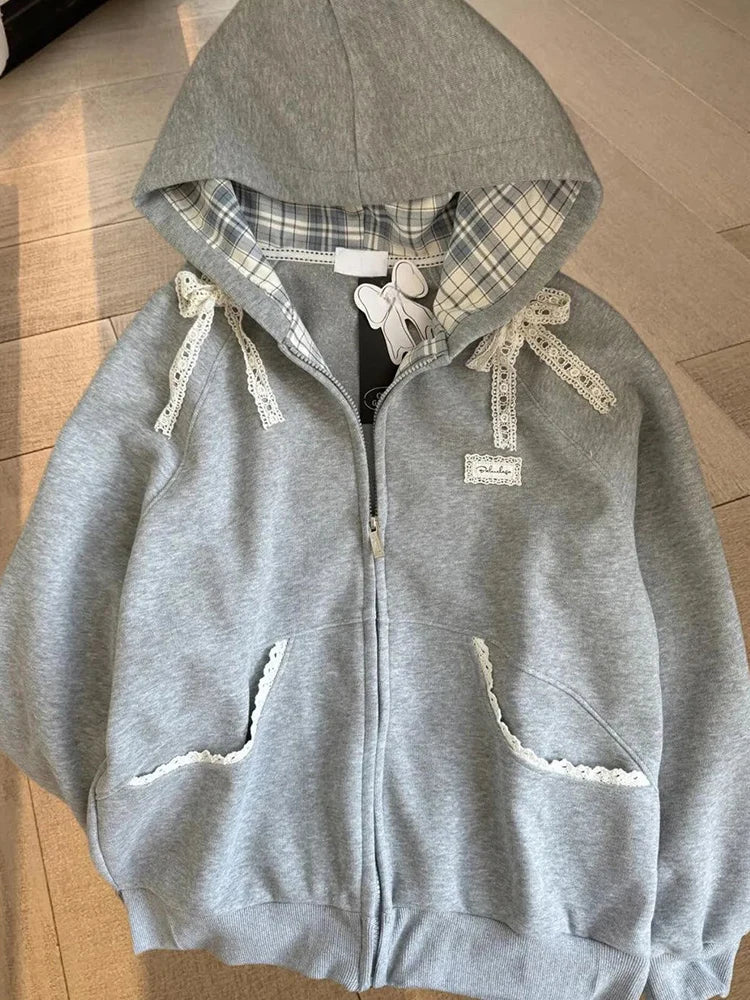 Aiertu  Lace Patchwork Hoodies Women Cute Bow Long Sleeve Sweatshirt Japan Preppy Style Sweet Loose Long Sleeve Female Gray Outwear Aiertu