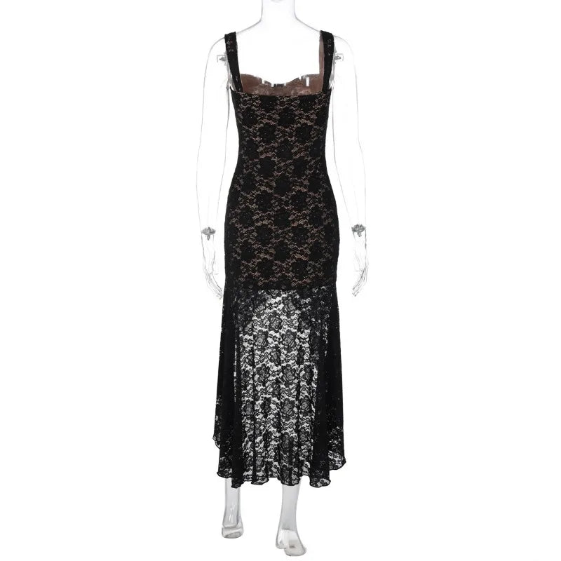 Aiertu  -  Women Fashion Sexy Black Camisole Lace Dress Spaghetti Straps Sleeveless Backless Asymmetrical Mixi Birthday Party Robe Clubwear Aiertu