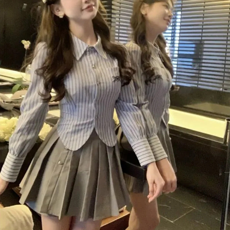 Aiertu Streetwear Striped Shirts Women Preppy Long Sleeve Tunic Crop Tops Student Sweet Korean Turn Down Collar Slim Blouses New Aiertu