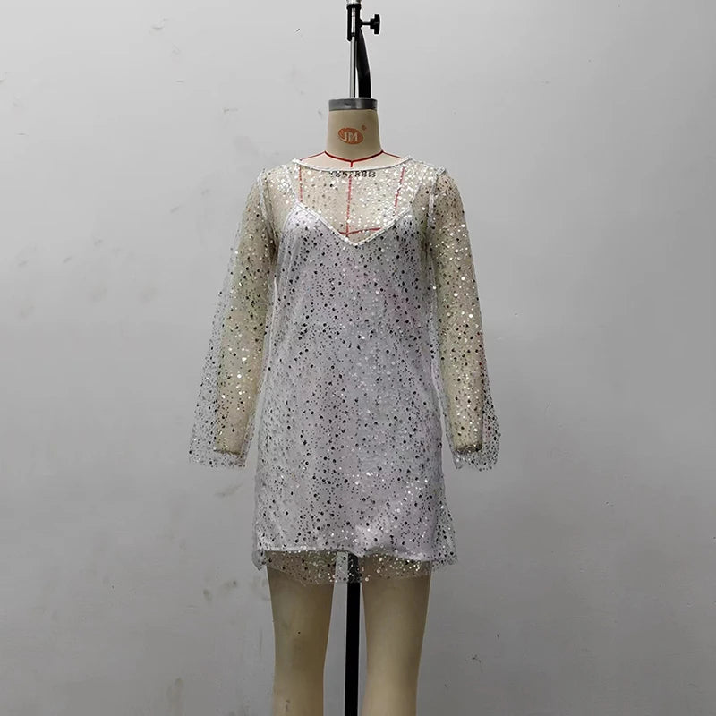 Aiertu  -  2026 Spring Two-in-one Gauze Mini Dress Female Vacation Party Short Dresses Fashion See Though Sequin Mesh Sling Dress For Women Aiertu