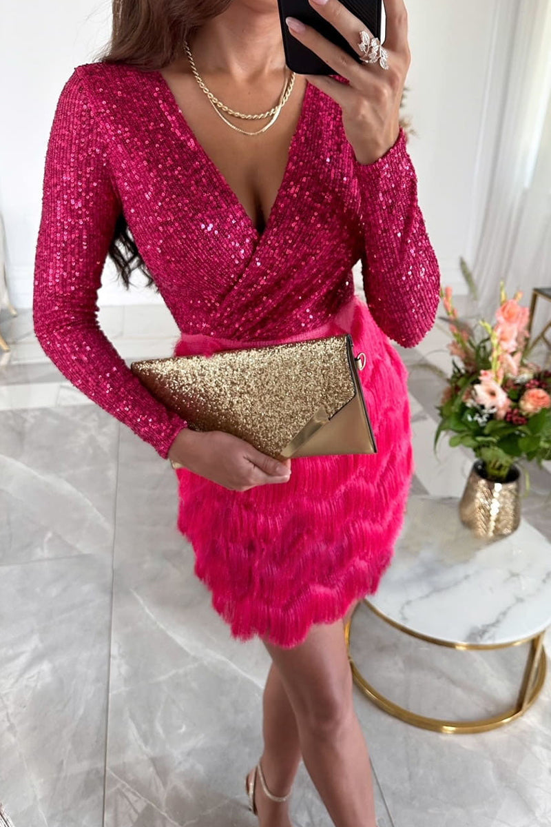 Aiertu  -  Sexy Solid Tassel Sequins V Neck Wrapped Skirt Dresses Aiertu