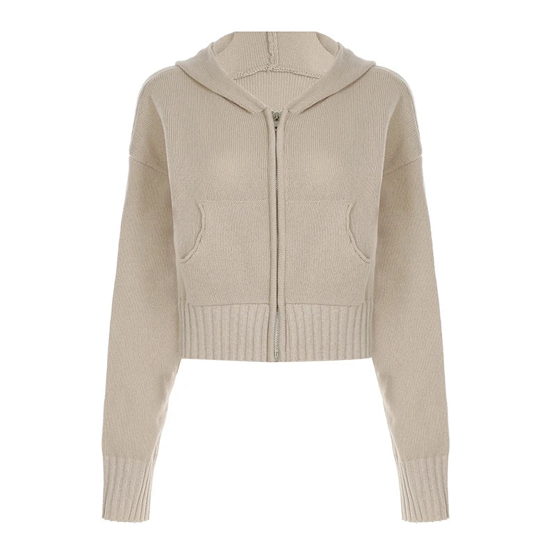 Aiertu  -  cold weather outfits Winter Knitted Cardigan Casual Khaki Basic Fashion Women Zipper Sweater with Pocket Mininalist Hooded Coat Y2K Outfit Aiertu