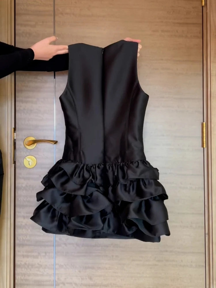 Aiertu  -  French Style Holiday Slim Fit A-line Dress Women's Summer Sleeveless Ruffled Black Satin Dress Fashion Female Clothes Aiertu