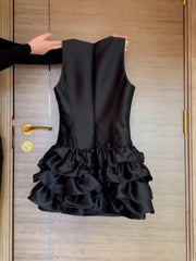 Aiertu  -  French Style Holiday Slim Fit A-line Dress Women's Summer Sleeveless Ruffled Black Satin Dress Fashion Female Clothes Aiertu