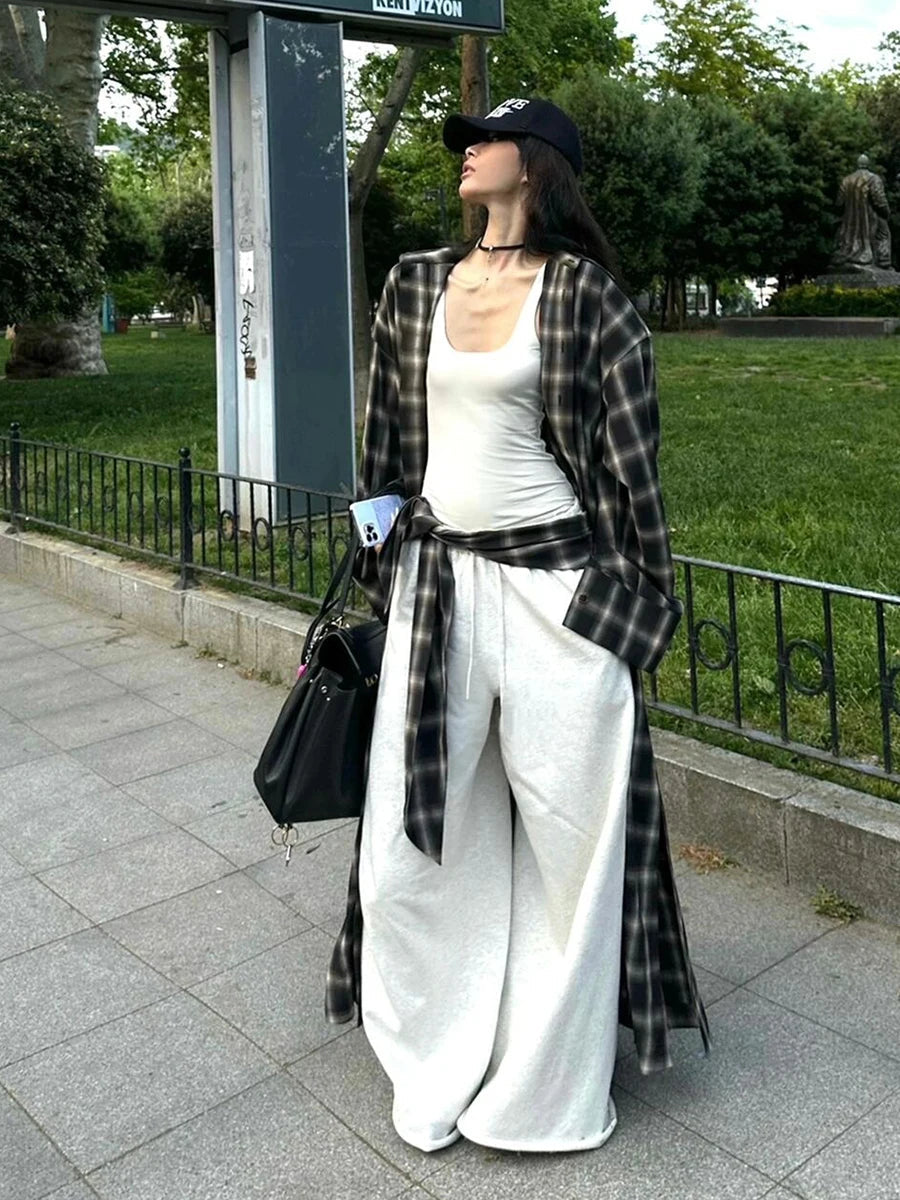 Aiertu  Tall Girl Checkered Oversize Coat Women Cotton Long Sleeves Casual Single-breasted Tartan Shirt Jacket Vintage Clothes Aiertu