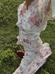 Aiertu  -  Lace Print Shirt Top Half Skirt Two Piece Set Flared Sleeve V-Neck Ruffled Waist Cinched Women Blouse High Waist Long Skirts New Aiertu