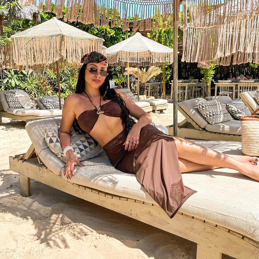 Aiertu  -  3 Pieces Bikini Set Bandeau Bikini Sexy Women Swimsuit Maxi Dress Female Swimwear Print Bathing Suit Beachwear Cover Ups Aiertu
