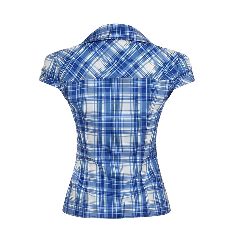 Aiertu  Plaid Patchwork Slim Fit Single Button Women’s Shirts Causal Basic Chic New Summer Short Blouses Aiertu